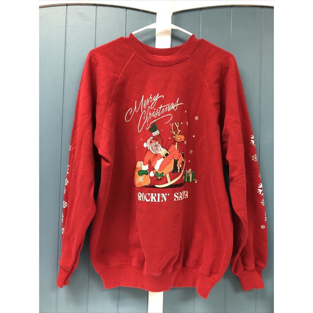 Vtg Rockin‎ Santa Claus Reindeer Merry Christmas  SweatShirt Size xl Hanes USA